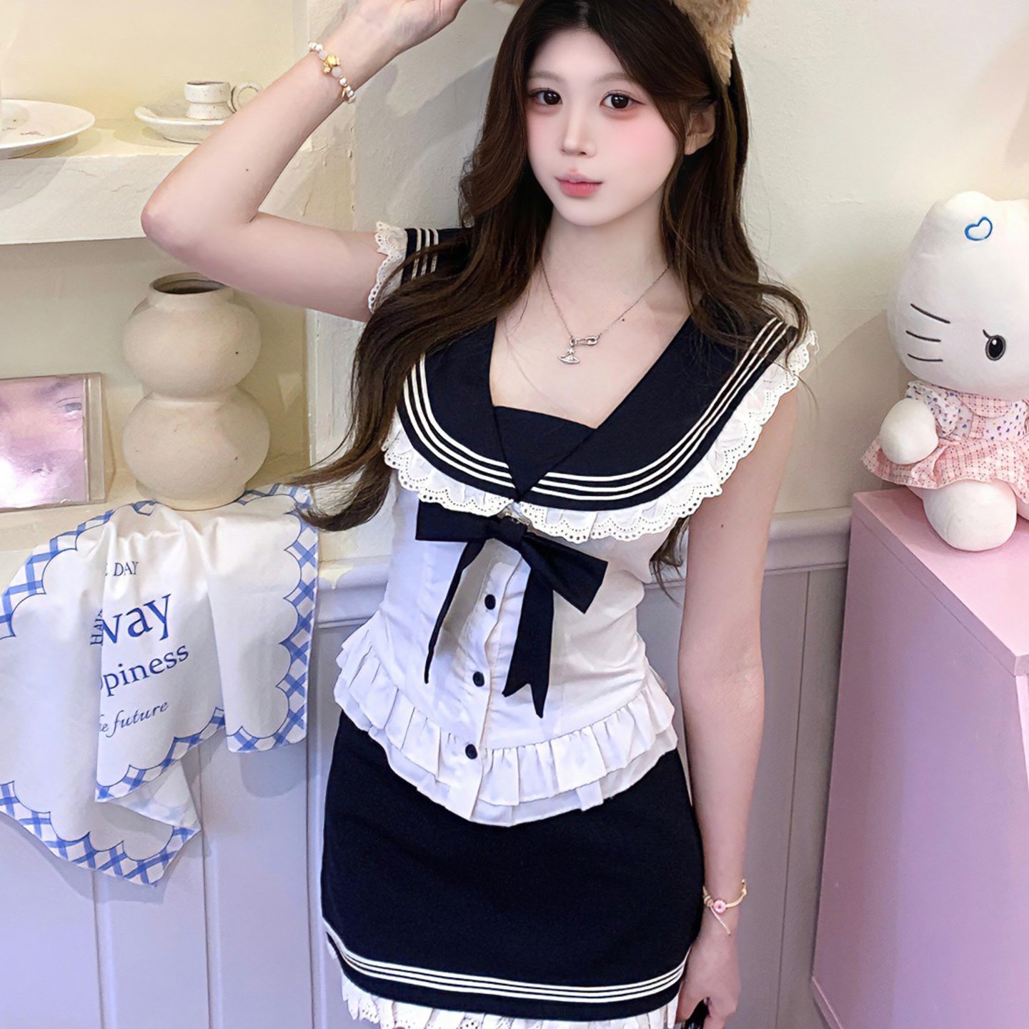 学院风jk制服穿搭一整套甜美蕾丝拼接海军领收腰衬衫短裙子两件套