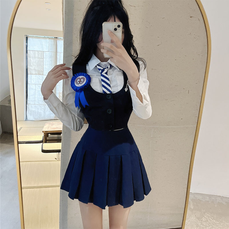 辣妹制服套装美式学院风纯欲复古修身显瘦马甲衬衫裙子四件套