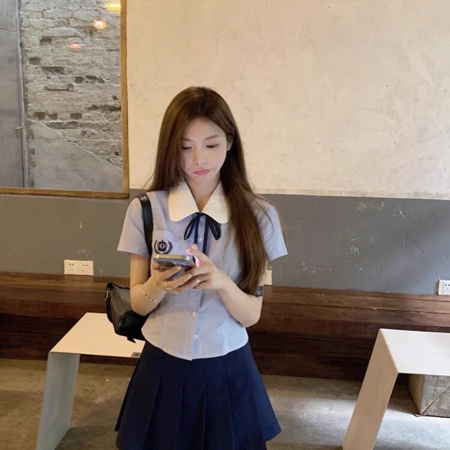 蓝色学院风短袖收腰衬衫女上衣jk制服夏季百褶裙高级感两件套装女