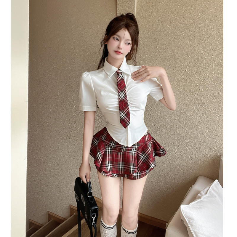 jk制服女夏季学院风短袖衬衫甜辣纯欲收腰上衣高腰格子半身裙套装