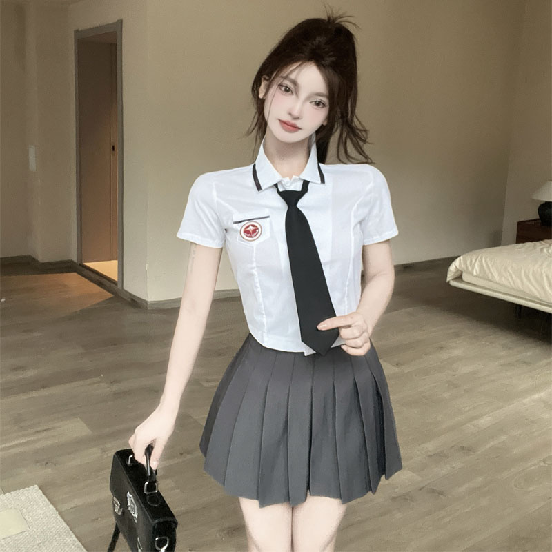 jk制服套装女夏季学院风修身白色短袖收腰短款衬衫百褶裙两件套装