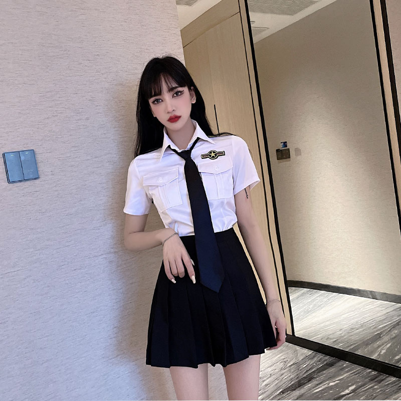 空姐jk制服套装女夏季日系白色职业装领带衬衣百褶裙工作服