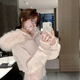 粉色毛领连帽短款棉服女冬季新款超好看收腰保暖外套毛领羽绒棉服