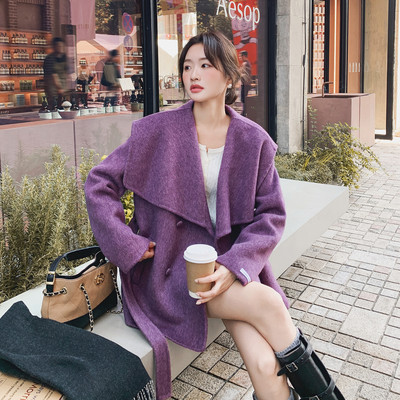 双面呢毛呢大衣女大翻领毛呢外套