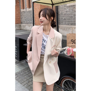 2026早春新款粉色小众设计拼接西装外套女春秋宽松高级感炸街西服