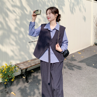 2026春季新款休闲风马甲条纹衬衫阔腿裤显瘦三件套女高级感套装