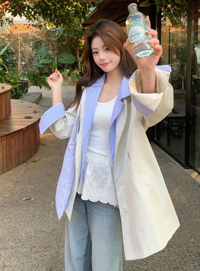 早春韩版宽松假两件条纹短外套女