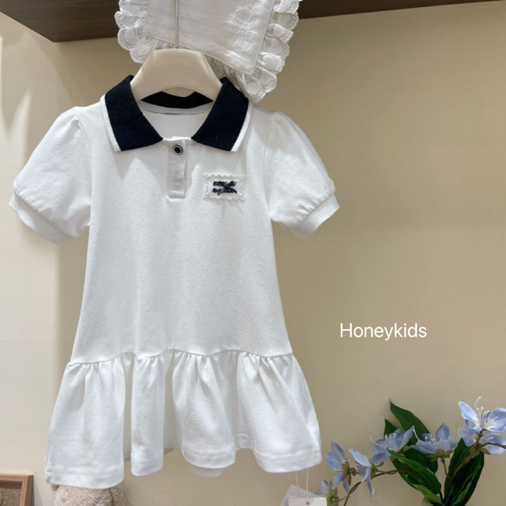 女童学院风polo领荷叶边连衣裙2026夏季新款女宝宝白色短袖娃娃裙