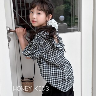 女童黑白格子娃娃衫2026夏季新款纯棉薄款泡泡袖洋气韩系衬衫短袖