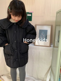 女童黑色娃娃领羽绒服2025冬新款90白鸭绒韩系洋气中长款羽绒外套