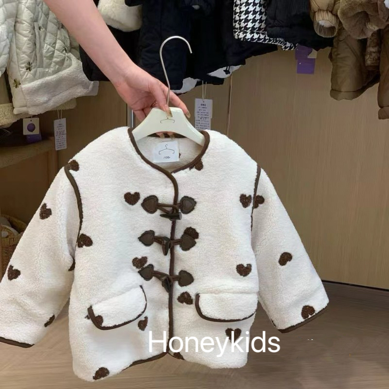 女童爱心刺绣毛毛外套2025冬季新款女宝宝韩系洋气米色棉衣上衣