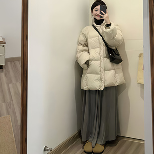 韩系圆领中长款羽绒服女2025冬季新款加厚白鸭绒宽松保暖外套女