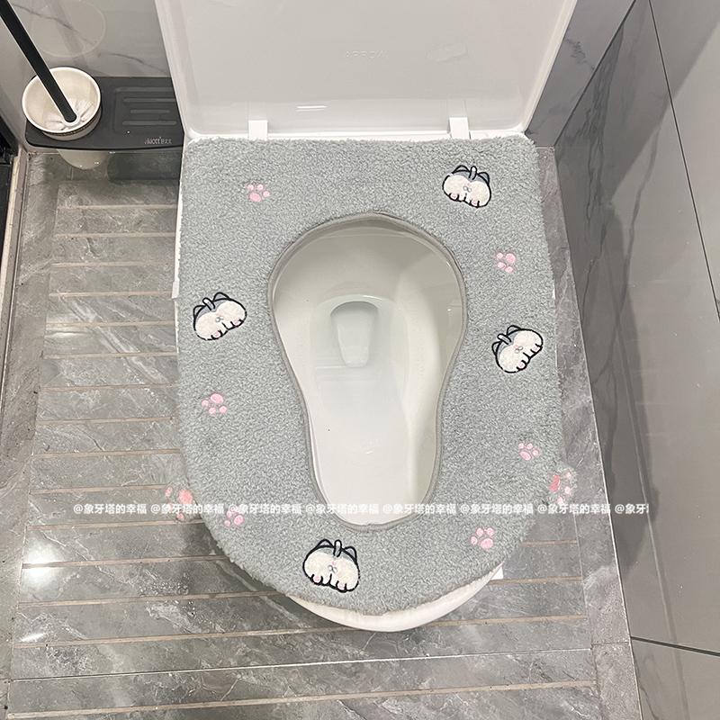 可爱卡通刺绣柴犬毛绒马桶垫子母一体亲子坐便器垫子母子坐垫座圈