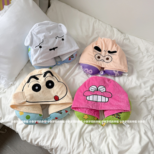 可爱卡通小新大连帽护颈枕U型枕旅行便携飞机枕U形脖子枕午睡靠枕