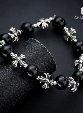 个性复古黑色圆珠拼接十字架串珠手链男女小众设计简约百搭手饰