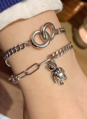 925银韩国复古小熊链条手链女个性简约双环圆环坦克链朋克手饰品