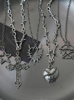 哥特朋克Y2K十字星吊坠项链男女通用复古摇滚嘻哈毛衣链跨境批发