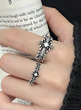 新款时髦锆石十字架戒指女小众设计感开口可调节百搭食指戒指环女