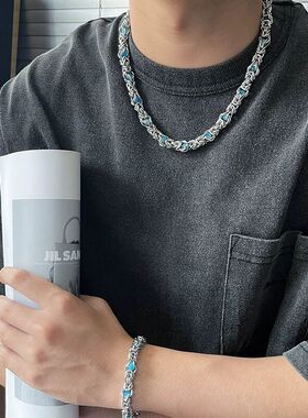 美式潮牌蓝宝石镶嵌钛钢项链男小众设计嘻哈粗链条锁骨链情侣配饰