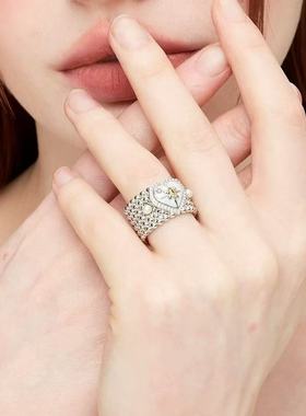 爱心宽版简约珍珠六芒星个性开口可调节食指戒指女高级感设计戒指