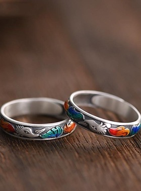 珐琅彩九尾狐狸戒指女款复古做旧工艺民族风国潮时尚百搭开口指环