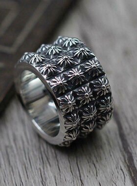 CH潮牌克罗伈戒指双层三层十字花戒指男女做旧复古嘻哈朋克指环