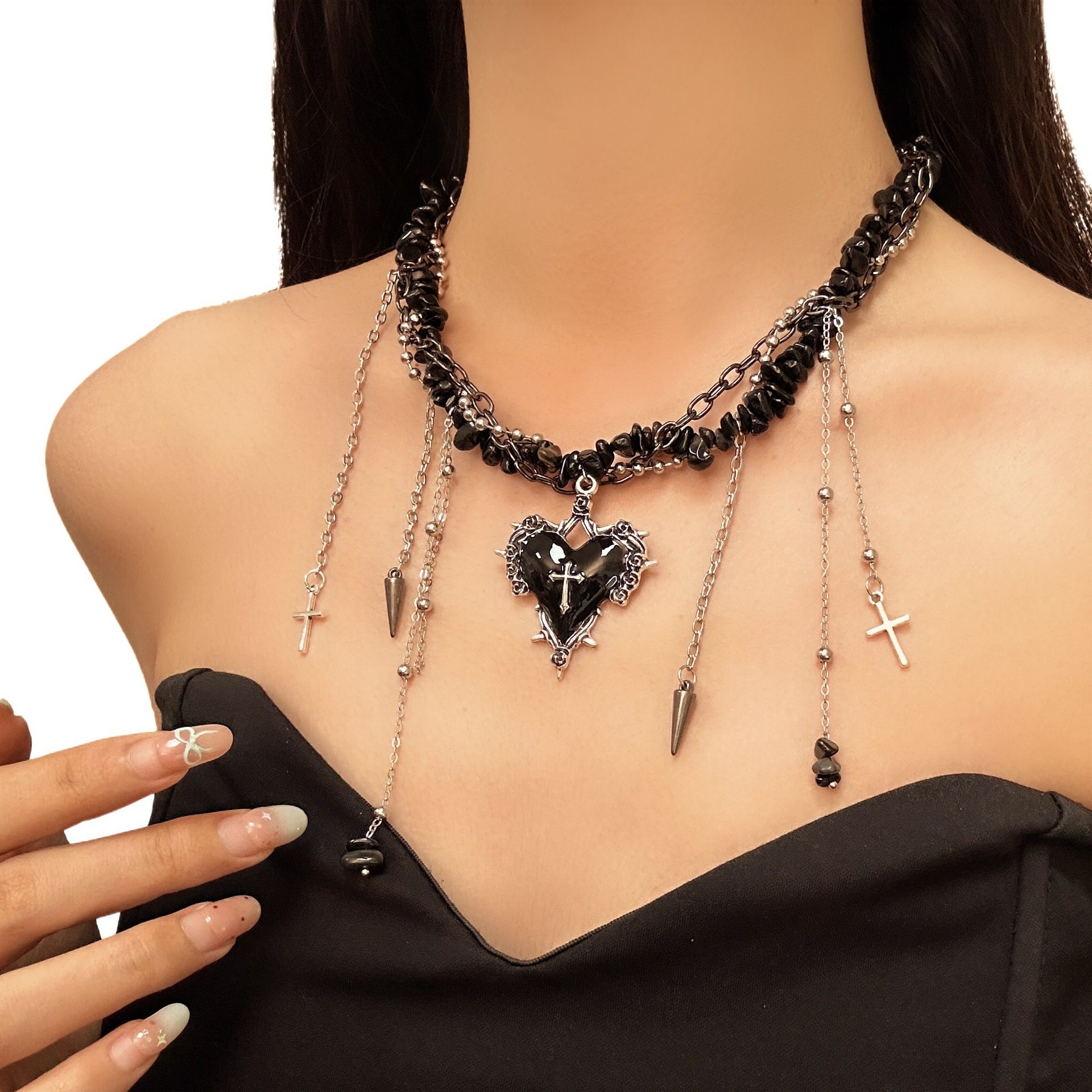 欧美跨境甜酷风碎石爱心十字架流苏项链高级感y2k辣妹小众锁骨链