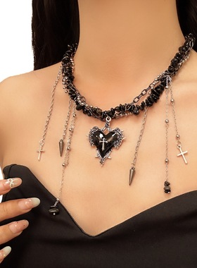 欧美跨境甜酷风碎石爱心十字架流苏项链高级感y2k辣妹小众锁骨链