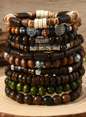 TEMU希音跨境新品波西米亚风椰壳木珠串珠弹力线男士手链手镯手环