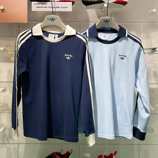 阿迪达斯三叶草女子2025春新款 休闲翻领长袖 T恤 JM8011 三条纹时尚