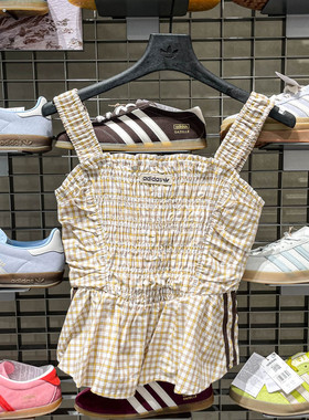 adidas阿迪达斯三叶草格纹荷叶边运动修身背心2026夏女吊带KX7036