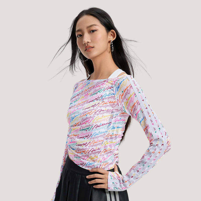 Adidas阿迪达斯彩色印花女修身显瘦运动上衣甜美风长袖T恤 KR7600