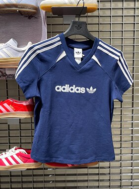 Adidas阿迪达斯三叶草女装V领短袖T恤2026新款休闲运动上衣KU4762