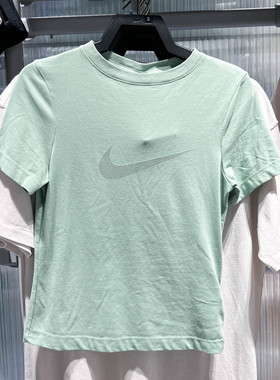 NIKE耐克女T恤绿色夏季新款修身短款透气大勾短袖上衣 IO1517-006