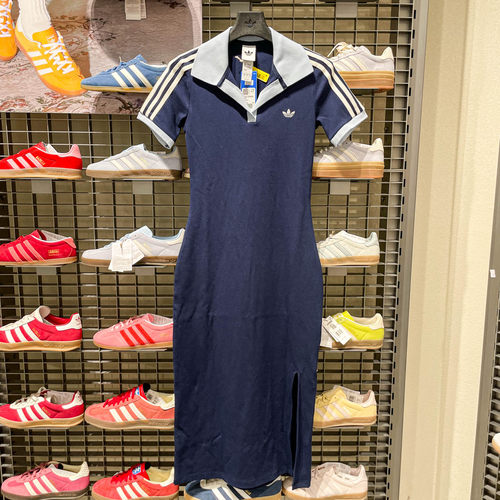 Adidas阿迪达斯三叶草休闲运动Polo连衣裙2026夏女开叉长裙KY5698