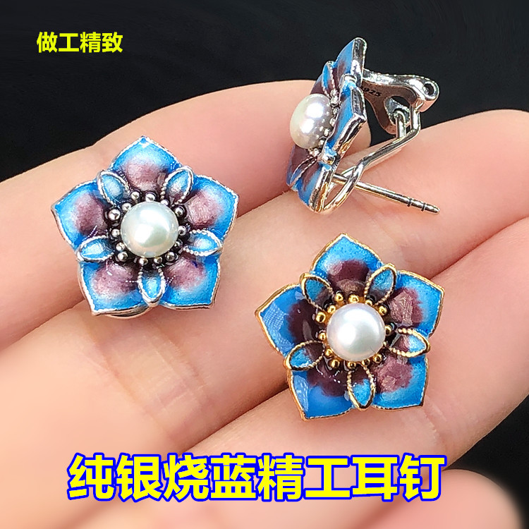 宫廷景泰蓝s925纯银复古耳钉