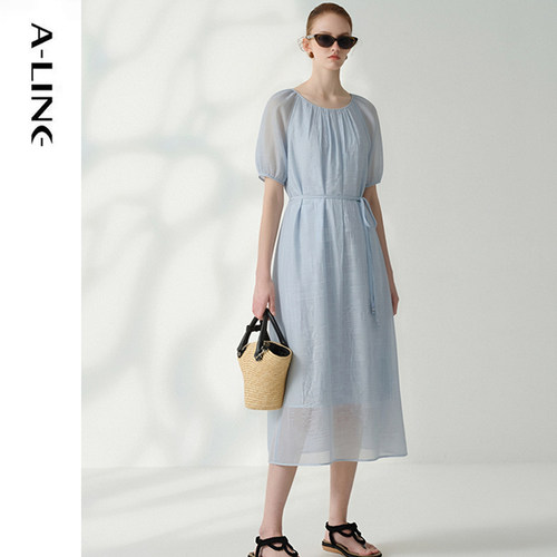 Aline/阿莱清凉感夏季圆领浅蓝色千金风连衣裙仙女裙