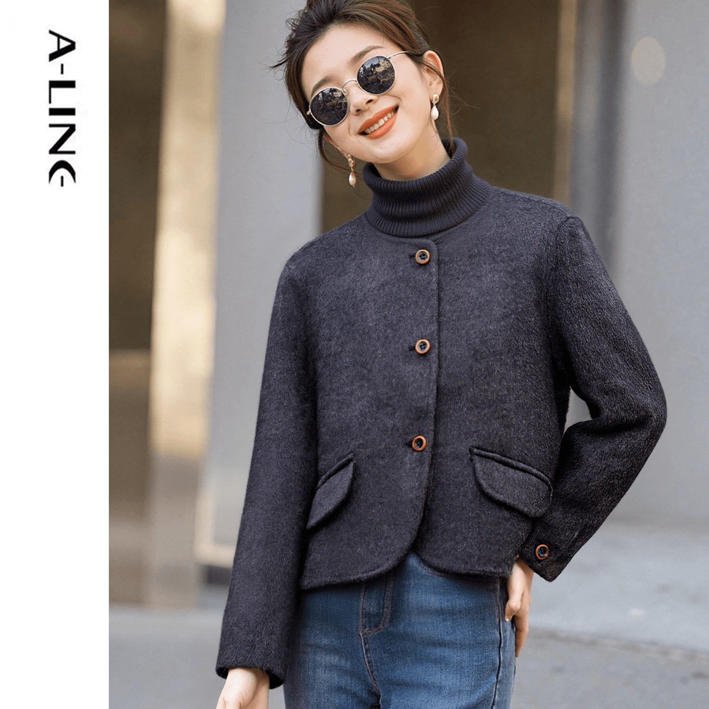 阿莱圆领短款直筒毛呢外套