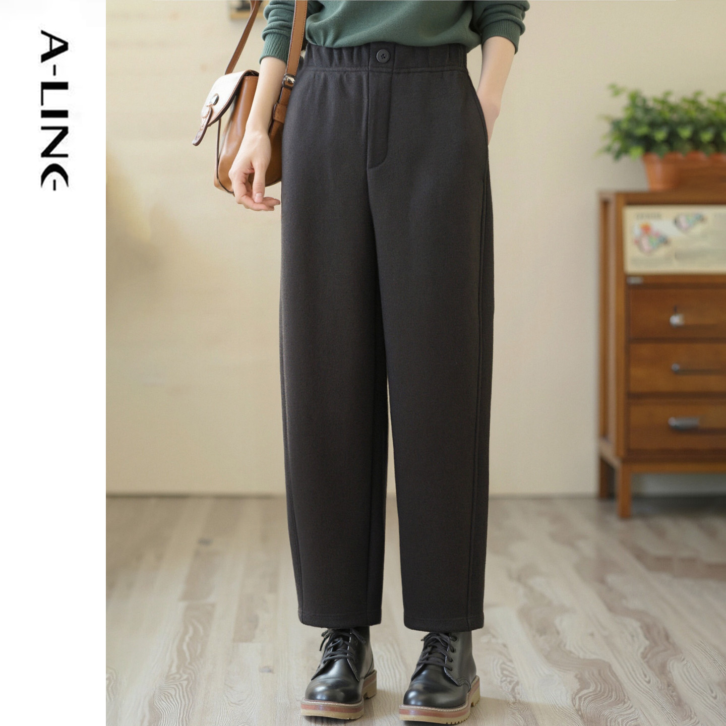 阿莱简约厚款毛呢直筒休闲裤