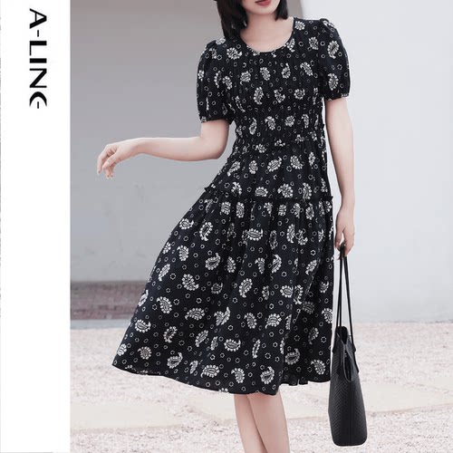 Aline/阿莱复古腰果花收腰连衣裙