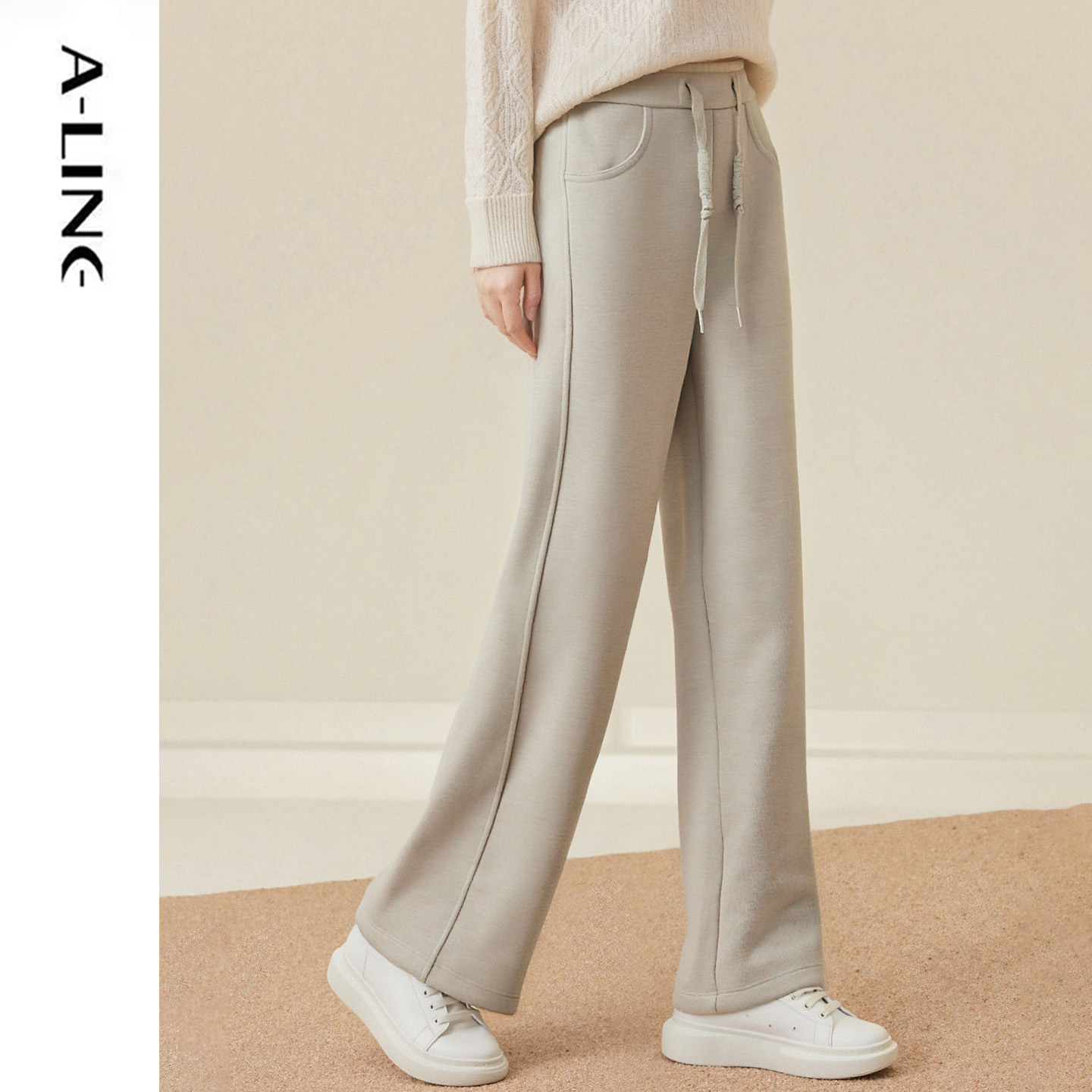 阿莱加绒加厚毛呢抽绳直筒裤