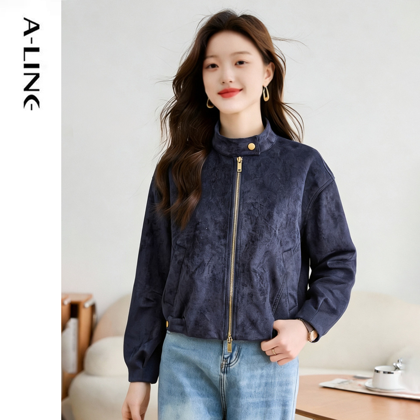 Aline/阿莱轻奢柔雾皮绒小立领短款夹克外套 2026早春女装新品