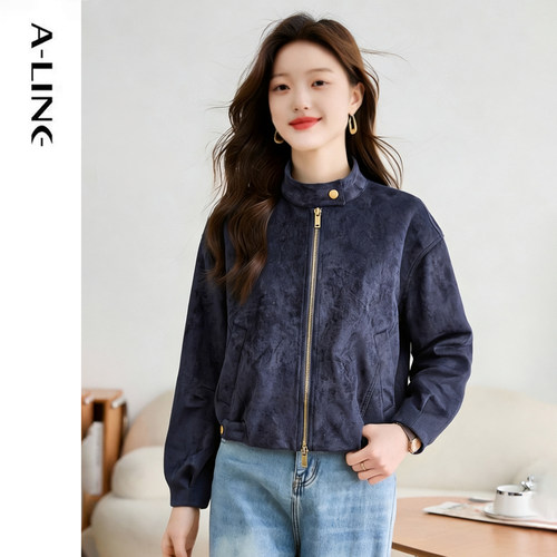 阿莱轻奢皮绒小立领短款夹克外套