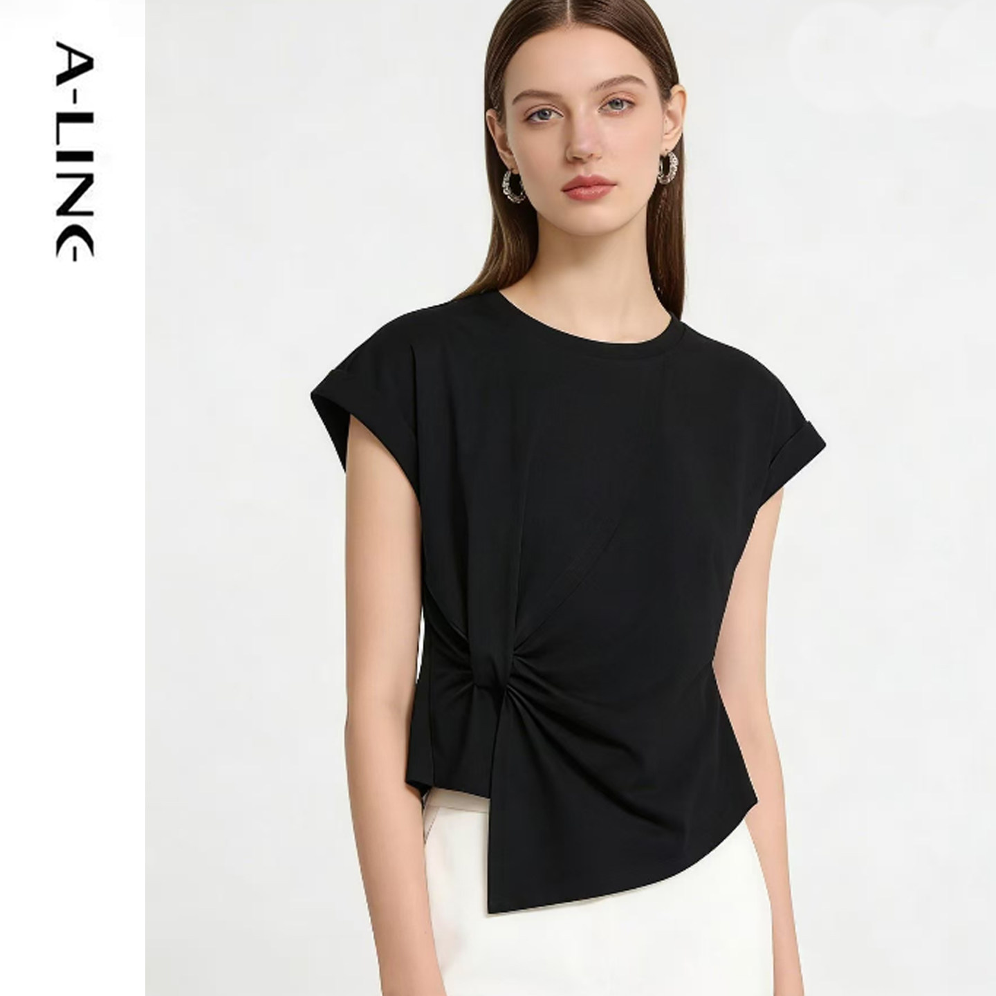 Aline/阿莱极简风黑色短袖T恤女不对称设计掐腰显瘦上衣