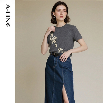 Aline/阿莱灰色立体工艺弹力T恤时尚百搭短上衣