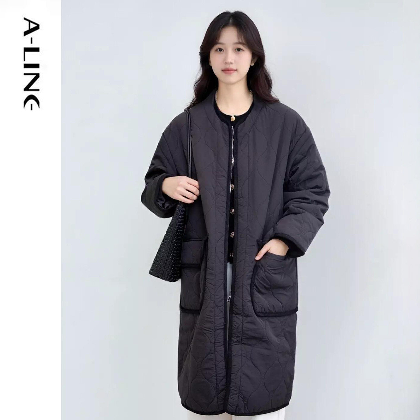 Aline/阿莱简约宽松黑色长款茧型棉服加绒外套 2025秋冬女装
