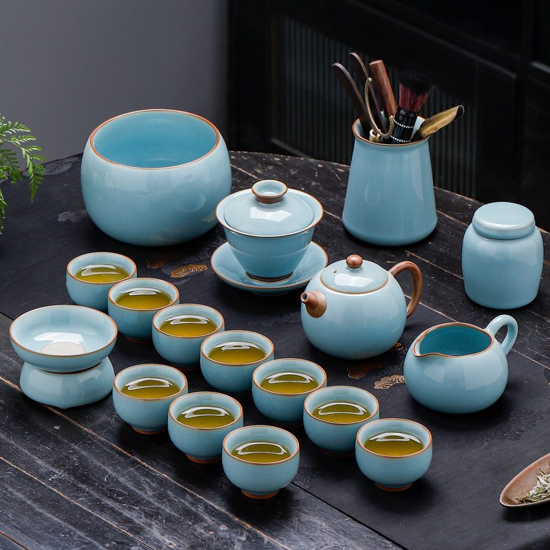 茗峰陶瓷功夫茶具套组哥窑盖碗茶壶冰裂纹茶杯茶道天蓝色整套茶具