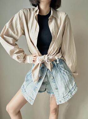 UCCY ｜T*te同款美拉德风高支长绒棉_通勤风杏色条纹长袖衬衫