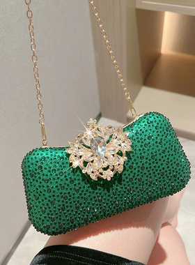 2026新款奢华镶钻手拿包女绿色晚宴包名媛高级感链条包宴会水钻包