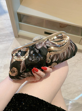 复古缎面晚宴手拿包女名媛宴会包亮片小包礼服包黑色贝壳包斜跨